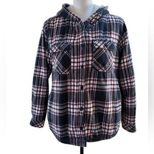 Boston Traders Blue‎ & Red Women's Plush Lined Hooded Shirt Jacket Sz L